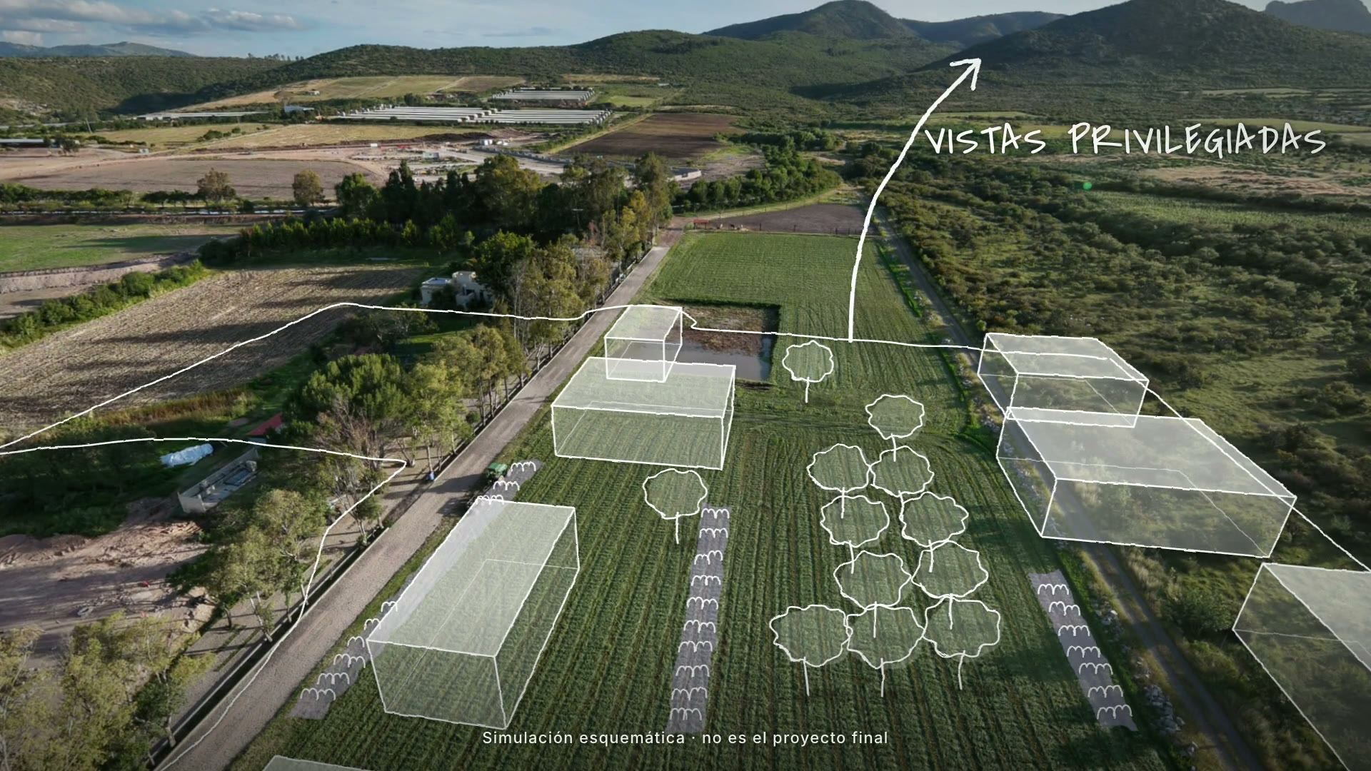 Así quedará (simulación esquemática): la misma vista con volúmenes de villas, encinos y lavandas dibujados a mano