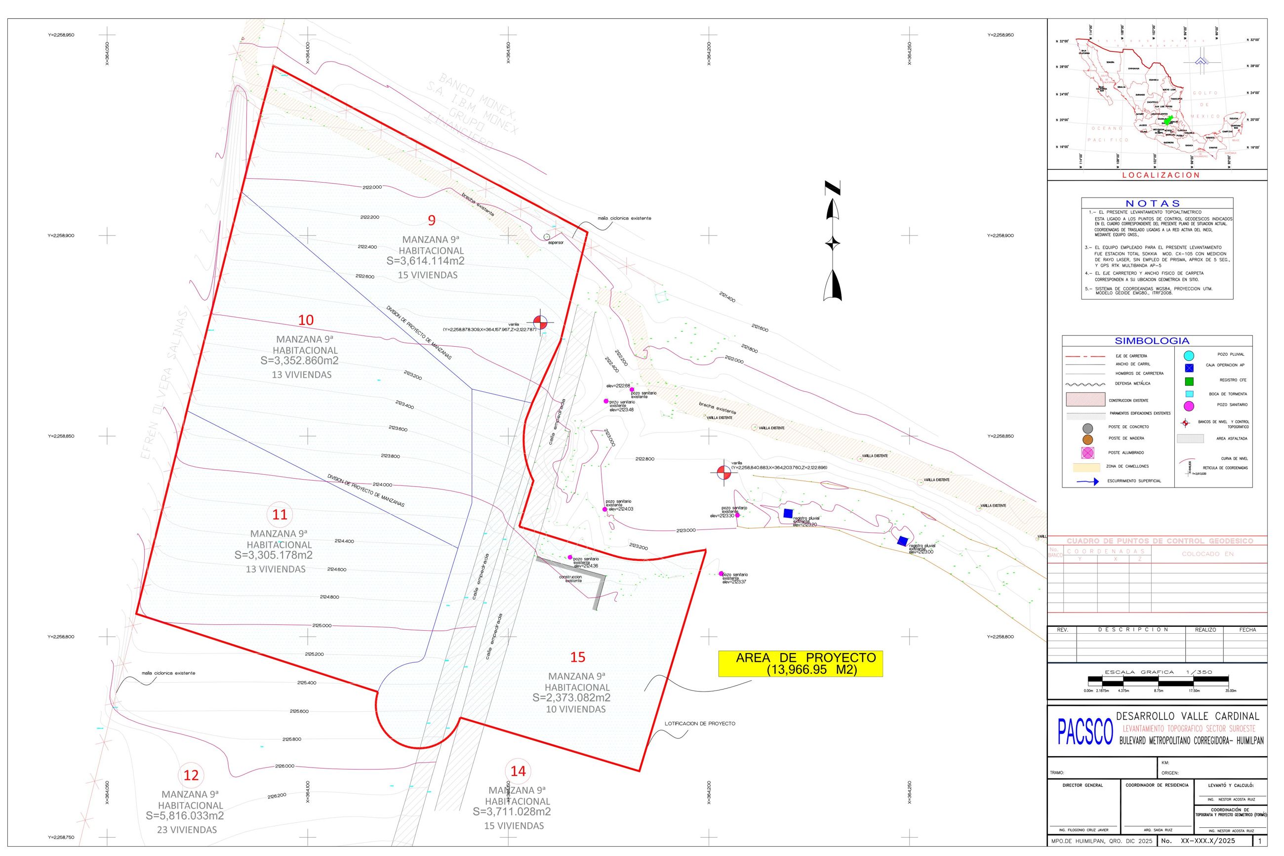 Plano original: levantamiento topográfico PACSCO, Desarrollo Valle Cardinal, sector suroeste, área de proyecto 13,966.95 m²